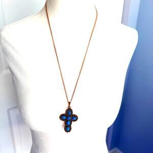 Turquoise copper bronze tone textured rounded cross pendant long chain necklace